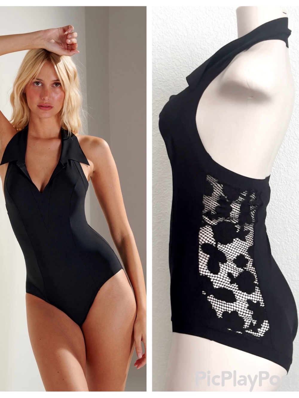 NWT Pain de Sucre Black Edith Shirt Collar Halter One Piece Swimsuit S /FR 40